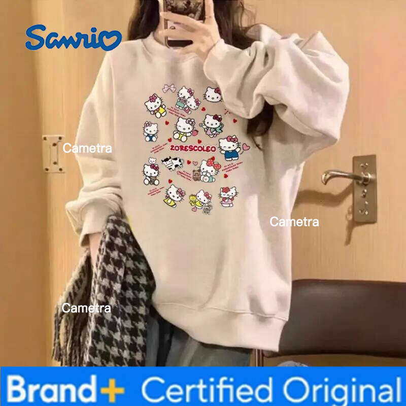 Sanrio Kawaii Hello Kittys Fresh Cute American Style Retro Spring Autumn College All-Match Add Velvet Hoodie Long Sleeves T-Shirt Girl H2601121