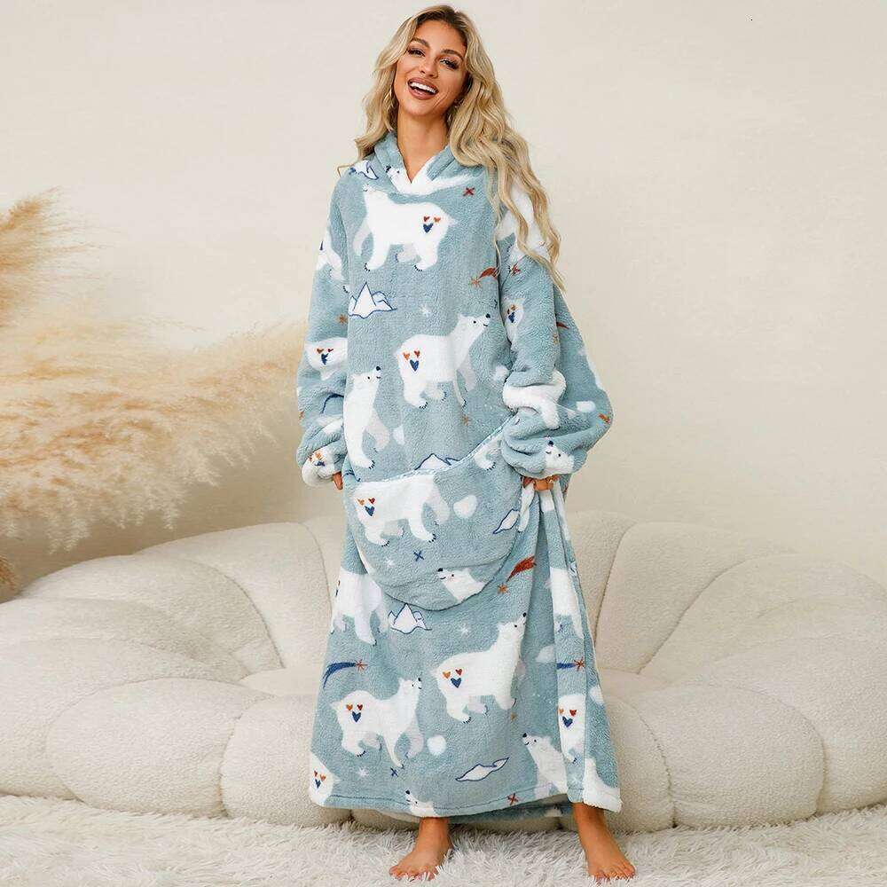 Winter Women Long Flannel Wearable with Pocket Warm Sherpa Hoodie Adults Fleece Giant TV Oversized Blanket XJ260112