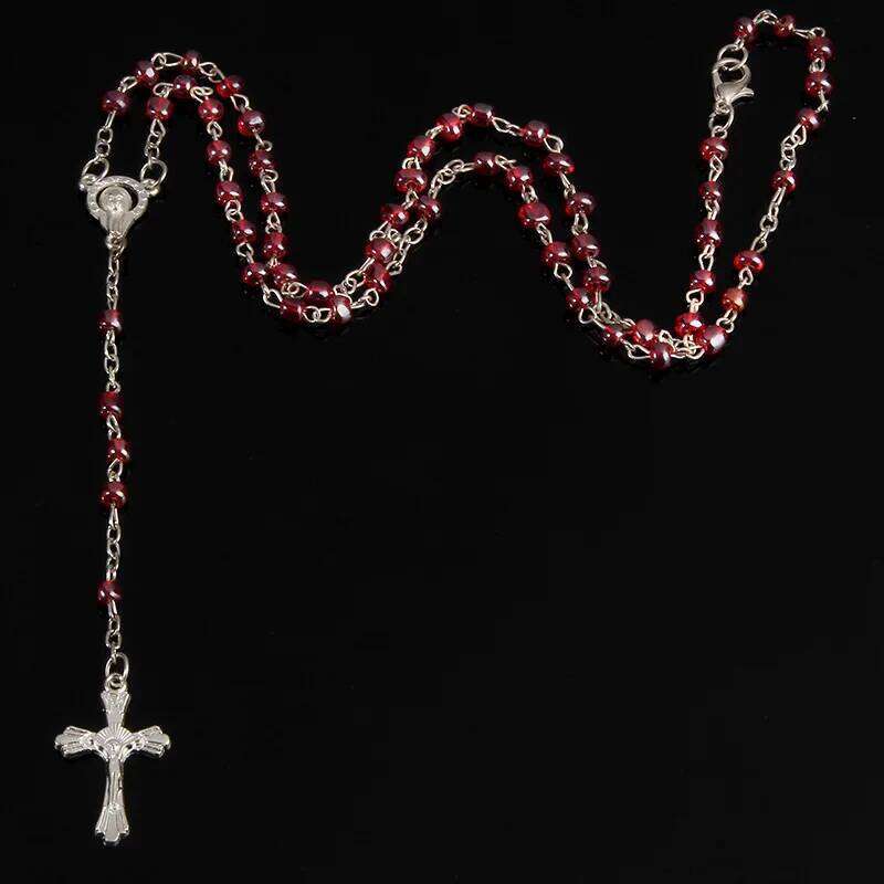 Small 4mm Glass Rosary Necklace Gold Beads and Heart Shaped Pendant Chain with Cross Christian Church Prayer Ornaments H260112
