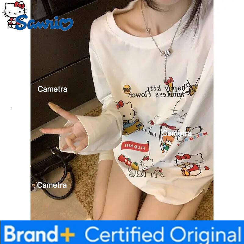 Sanrio HelloKitty Girl Kawaii Anime Fashion Student Casual Long-Sleeved Autumn and spring shirt Round neck Pullover New tops H260112