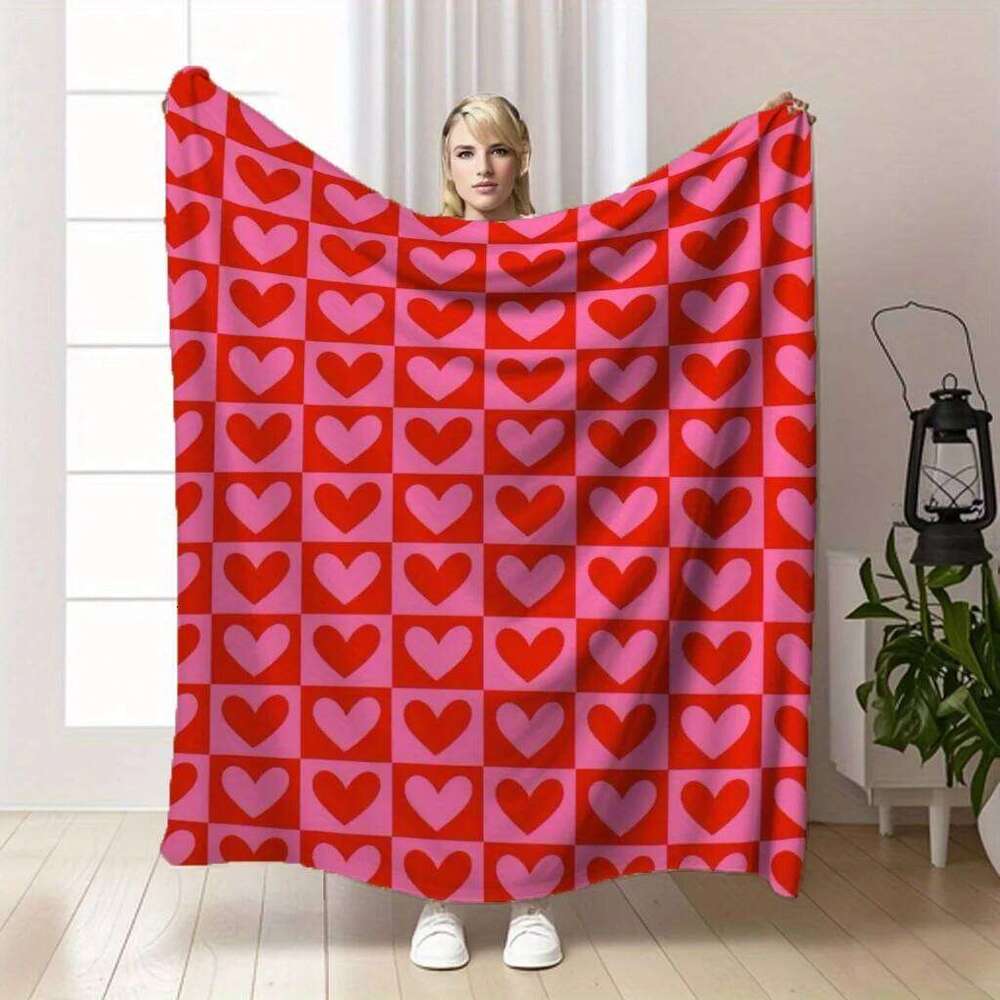 Red Pink Heart Plaid Print Flannel Throw Blanket Soft Warm and Cozy for Couch Bed Office or Camping All-Season Use XJ260112