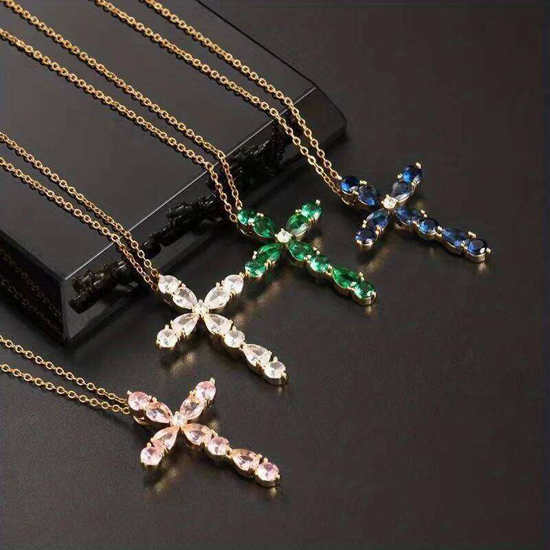 Cubic Zirconia Lucky Cross Pendant for Women's Stainless Steel Plated 18k Gold Fashion Simple Jewelry Gift Necklace H260112