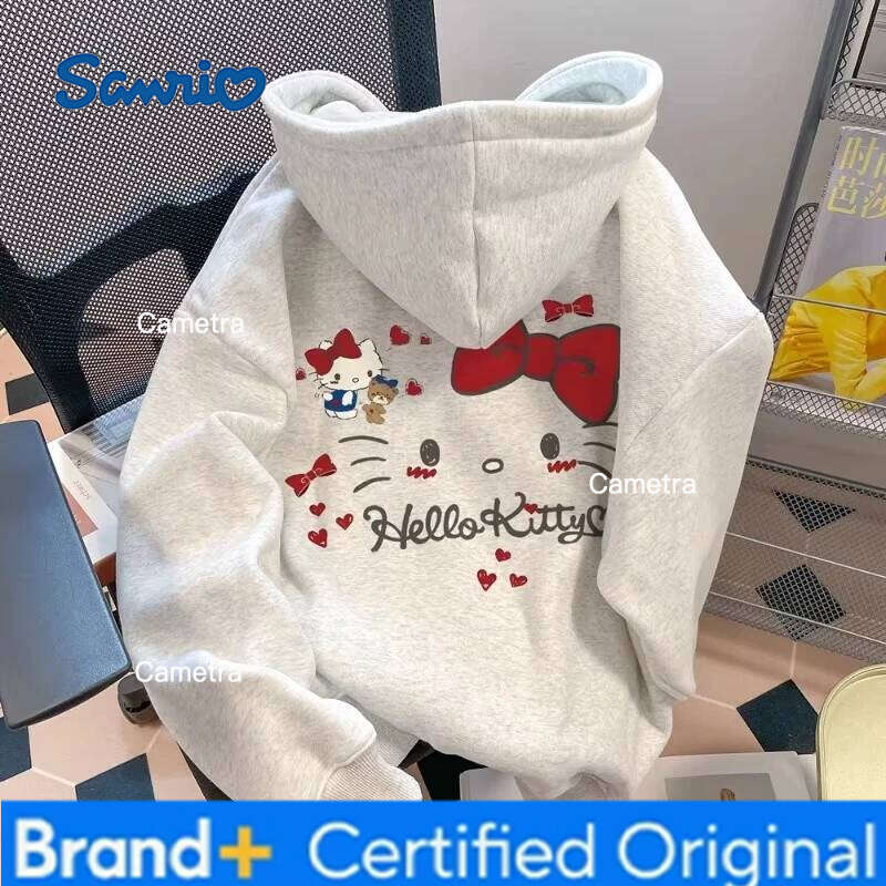 Sanrio Cartoon Kitty Hooded Hoodie for Male Female Students, Spring and Autumn Season with Plush Thin Design, Sweet Top Outfit 2025 H260112
