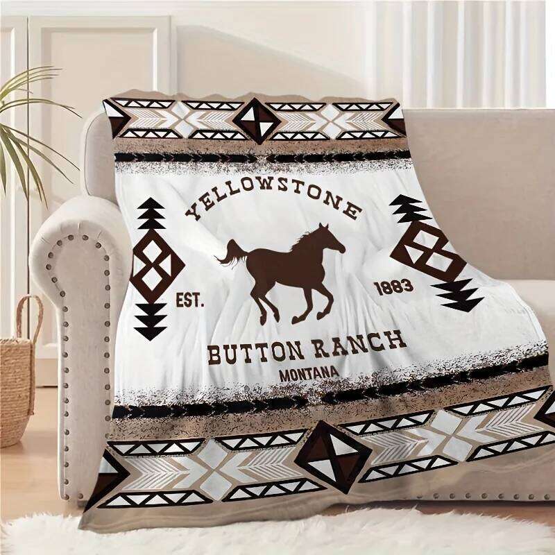 Vintage Southwestern Bohemian Throw Blanket Yellowstone 1885 Button Ranch Montana Design | Geometric & Horse Motifs XJ260112