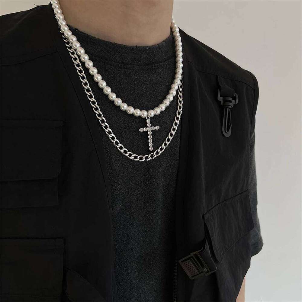 Punk Pearl Beads Chain Spikes Cross Pendant Men Hiphop Layered Stainless Steel Choker Necklace Set New Fashion Jewelry H260112