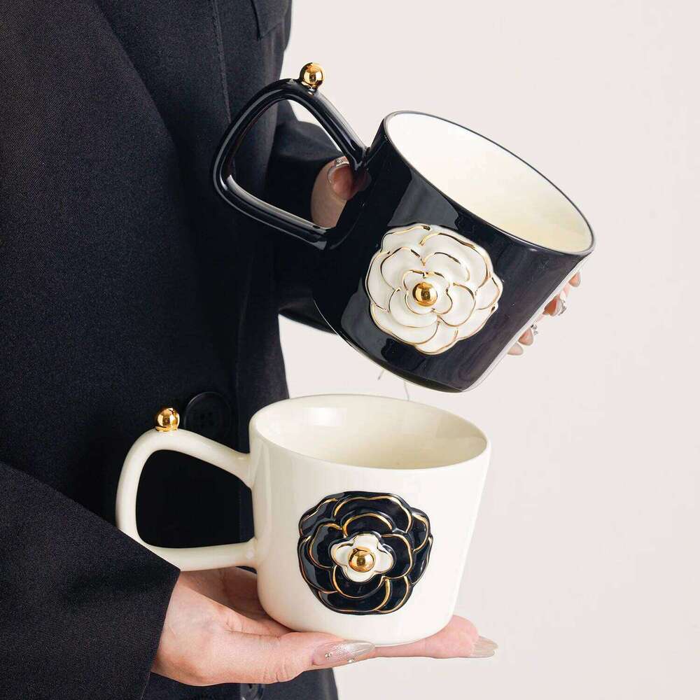 Drinking Utensils Novelty Embossed Camellia Mug 350ML Tableware for Hot Beverages Perfect for Outdoor Use Office Desk Camping Leak Proof Ceramic Cup G