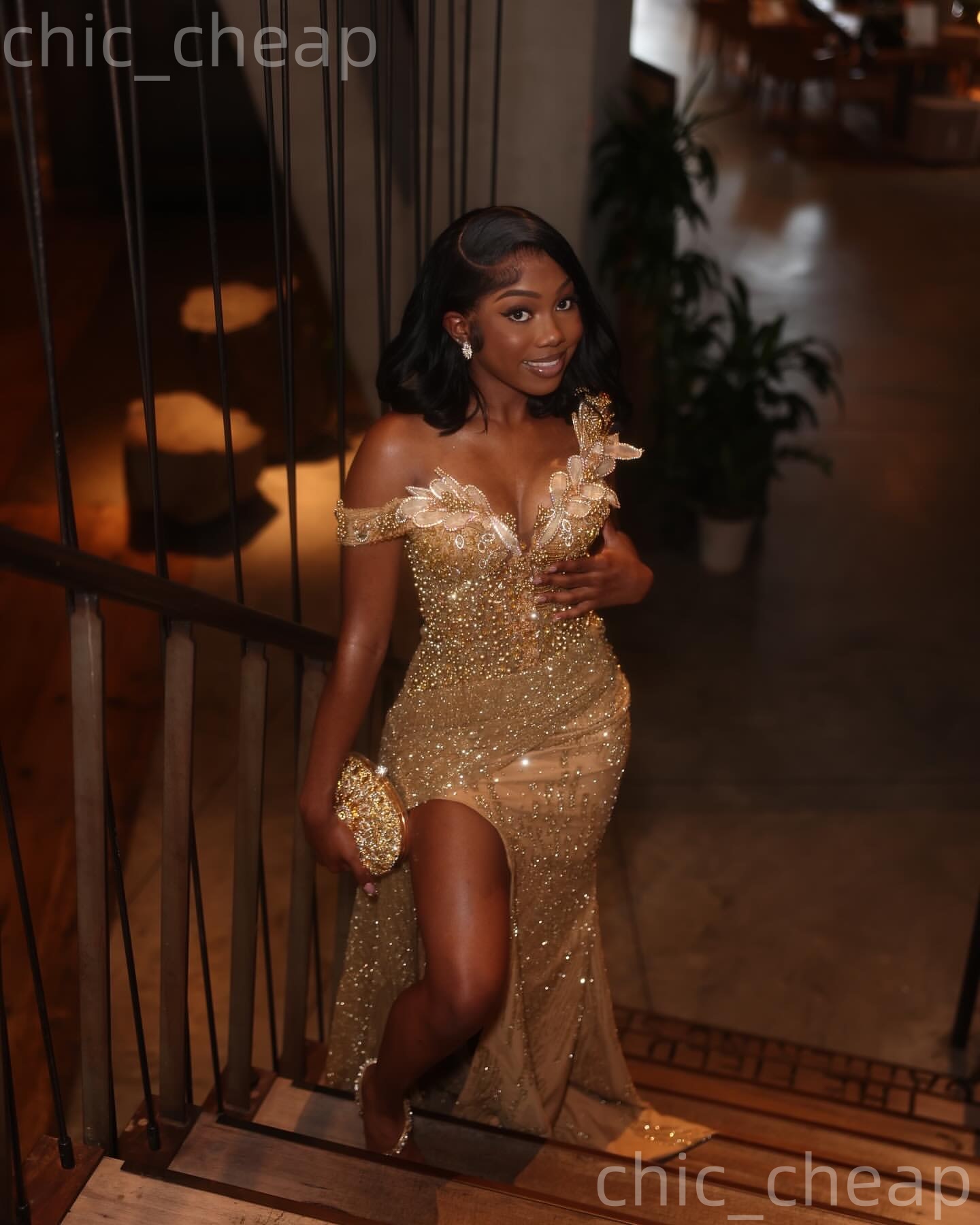 Aso Ebi 2k25 Gold Mermaid Prom Dresses 2026 Flowers Crystals Beaded High Split Evening Formal Party Second Birthday Engagement Gowns Dress For Special