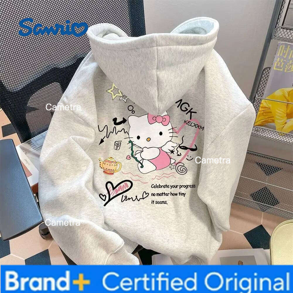 Sanrio Hello Kitty Graphic Hoodie Women 2025 Autumn Gray Oversized Printed Pullover Casual Streetwear Y2K Aesthetic Fashion Comfortable H260112