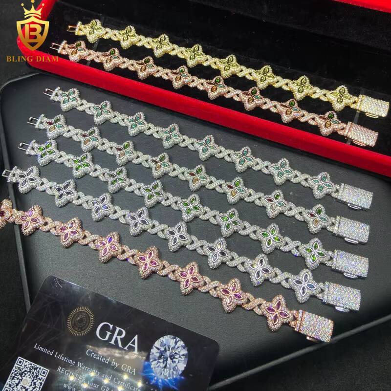 Hot Sale Four Leaf Clover Moissanite Bracelet Link Chain 925 Silver VVS Iced Out 15mm Moissanite Chain Men Past Diamond Test GRA