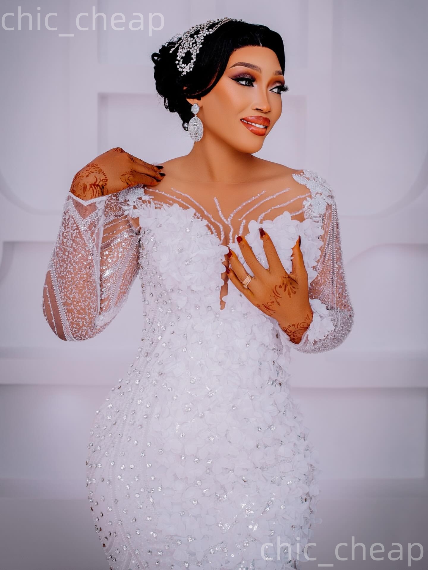 African Aso Ebi 2026 White Mermaid Wedding Dress Crystals Flowers Appliques Sequined Sheer Neck Elegant Bridal Gowns Dresses ZJ2270