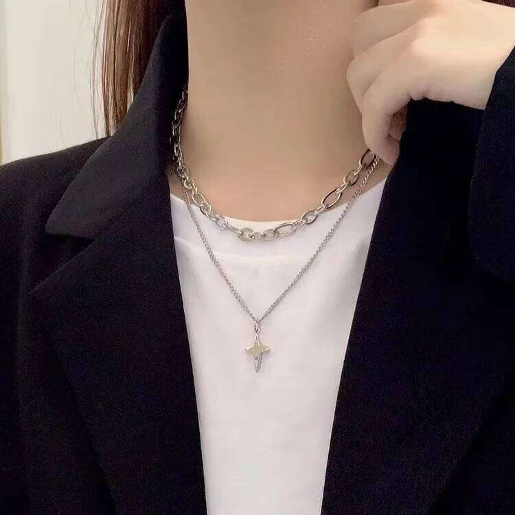 New Design Double Layer Link Chain Cross Star Necklace for Women Man Teens Trendy Punk Hip hop Stainless Steel Choker H260112