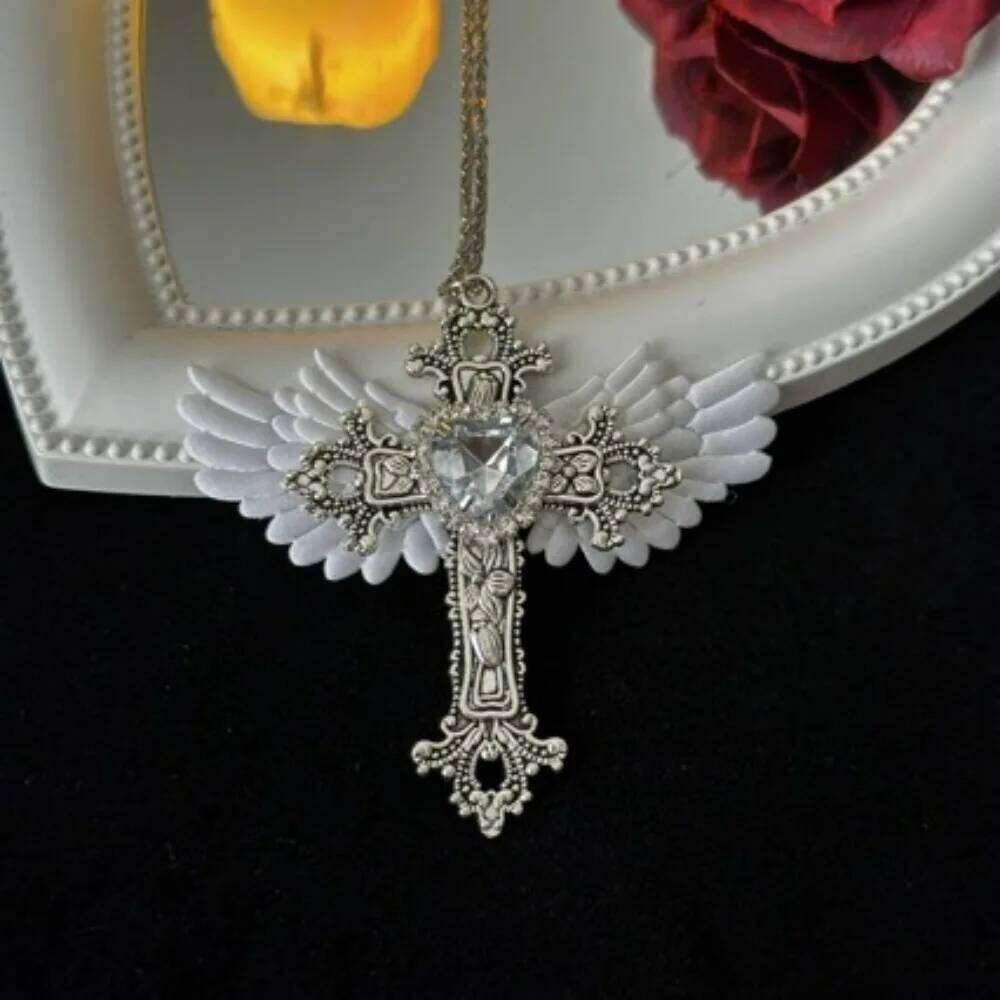 Y2K Gothic Angel Wings Cross Necklace Punk Long Chain Lolita Dark Aesthetic Choker for Women and Teens H260112