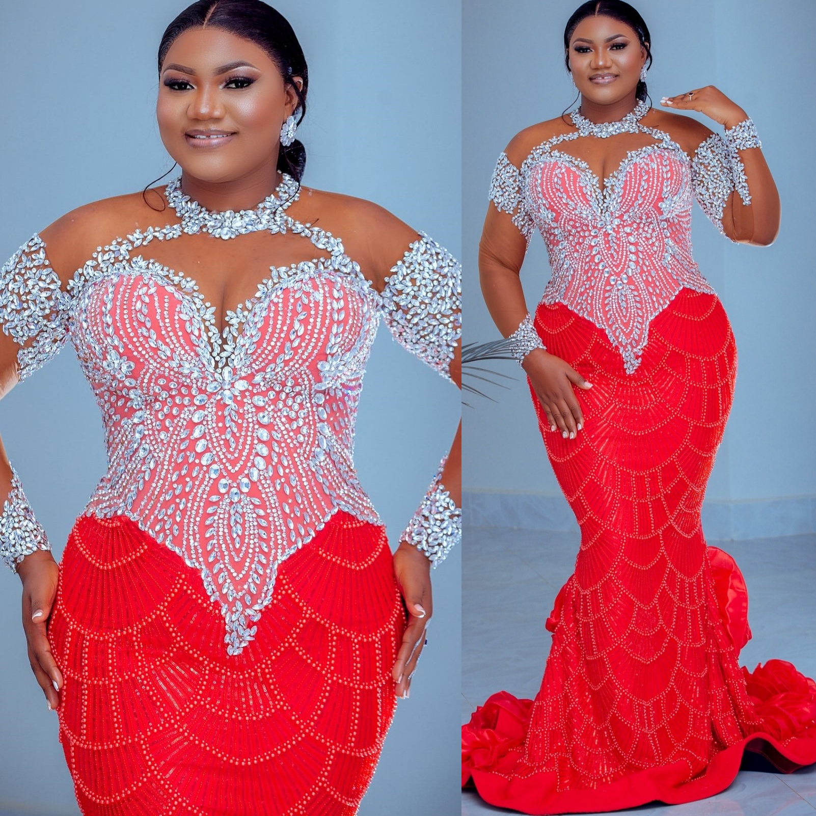Aso Ebi Red Mermaid Prom Dresses 2026 Beaded Crystals Full Sleeves Sequined Evening Formal Party Second Birthday Engagement Gowns Dress For Special Oc