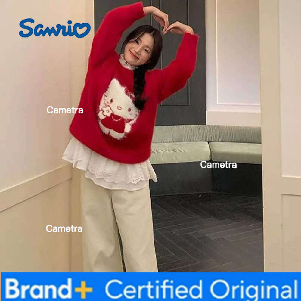 Sanrio Cute Hello Kitty Girls Christmas Sweet Cartoon Women Loose Versatile Autumn Winter Knitting Sweater Tops Festival Gift H260112