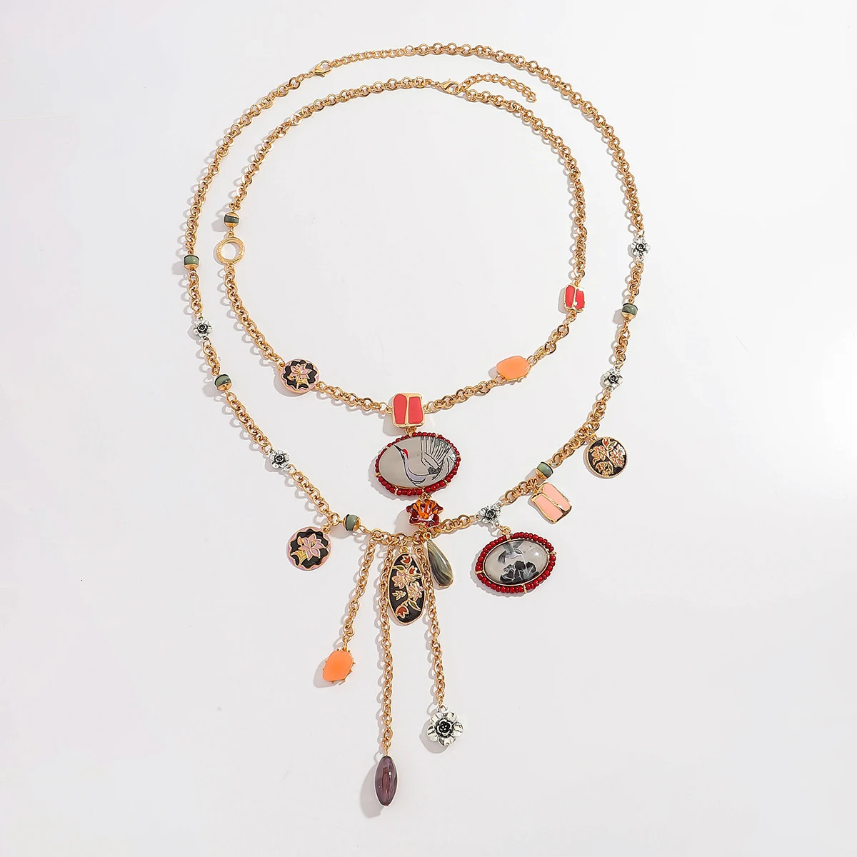 ZAA Multi-layered Painted Flowers and Cranes Ancient Style Pendant Necklace Geometric Tassel Necklace Neck Accessories 260107