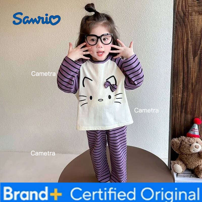 Sanrio Girls' Dralon Pajamas Set Cartoon Striped Long Sleeve Lounge Wear for Kids Spring Autumn Thermal Cotton Baby Sleepwear H260112