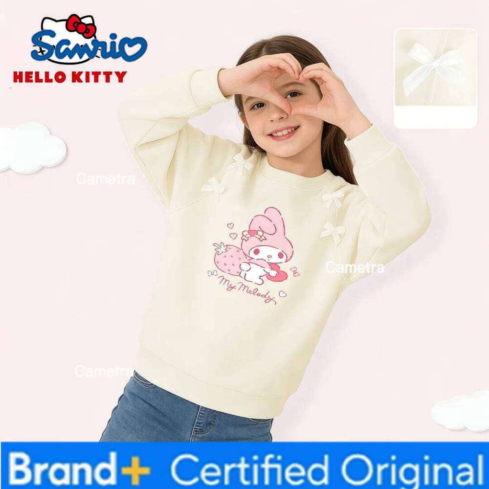 Sanrio Hello Kitty Kids Casual Round-neck Pullover Hoodies Girls Stylish Bow Decor Comfortable Lightweight Sweatshirt Sweet Cute Blouse H260112