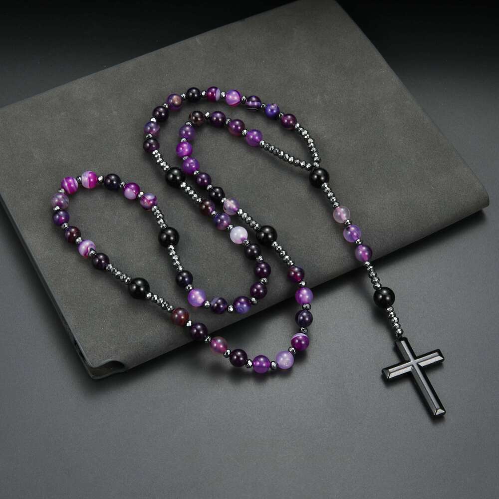 Fashion Gemstone Purple Green Round Beads Beaded Cross Pendant Rosary Necklace for Men and Women Prayer Gift H260112