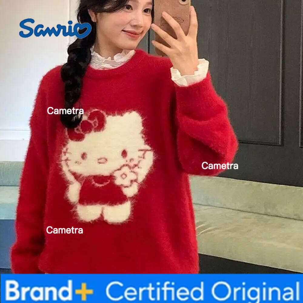 Sanrio Cute Hello Kitty Girls Christmas Sweet Cartoon Women Loose Versatile Autumn Winter Knitting Sweater Tops Festival Gift H260112