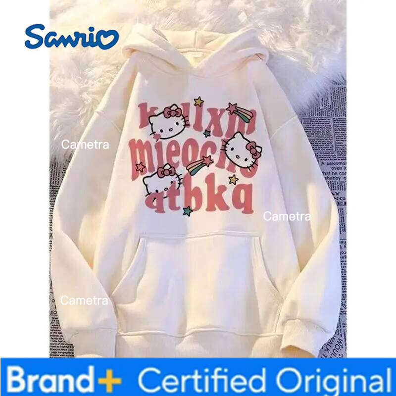Sanrio Hello Kitty Hoodie Silver Fox Plush Japanese Trendy Print Loose Women's Students Autumn Winter Fashion Casual Sweatshirt H260112