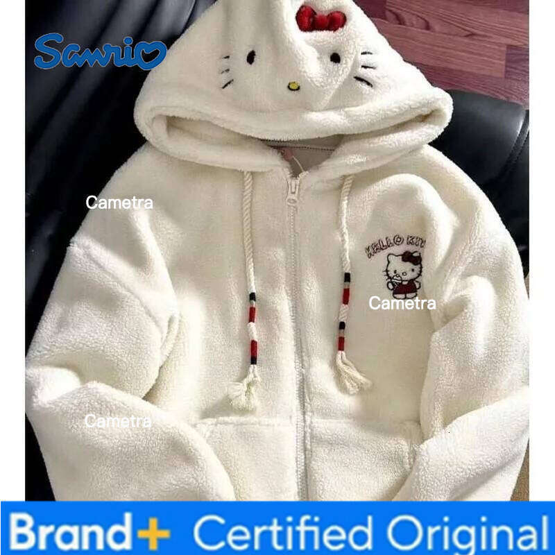 Sanrio Kt Hoodie Coat Sweatshirt Women Winter Cartoon Lamb Wool Embroidery Cute Japanese Fleece Lined Thick Warm Casual Jacket Kawaii H260112