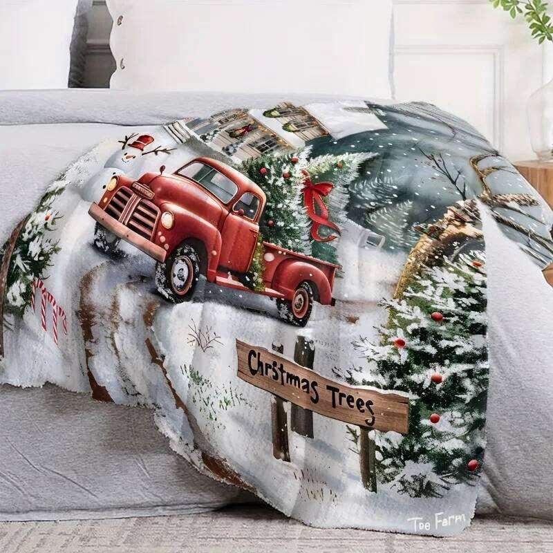 1pc Vintage Red Truck Christmas Flannel Blanket - Soft Warm Reversible All-Season Knitted Polyester Machine Washable XJ260112