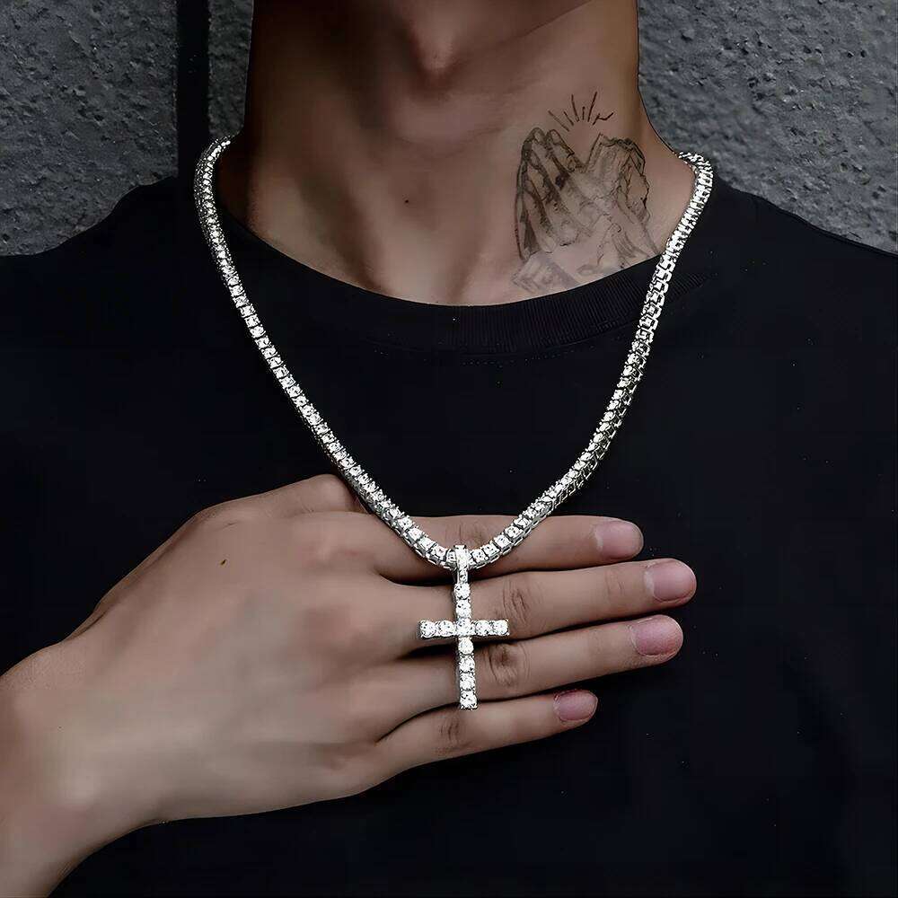 Men Women Hip Hop Cross Pendant Necklace With 4mm Zircon Tennis Chain Iced Out Exquisite Bling Jewelry Fashion Trendy Creative H260112