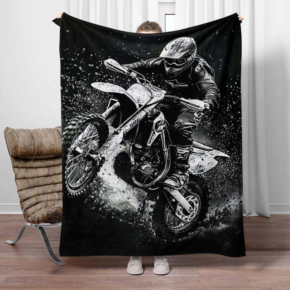 Motorcycle Rider Dirt Bike Action Fleece Black White Graphic Throw Blanket Biker Theme Soft Plush Bedding Gift for Men XJ260112