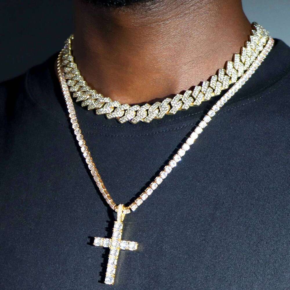 Hip Hop 2pcs Cross Tennis 14MM Prong Necklace For Men Women Iced Out 2 Row Cuban Link Chain Necklaces Couple Jewelry H260112