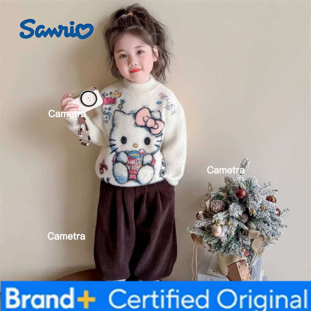 Sanrio Hello Kitty Girls Kawaii Cartoon Knitted Autumn and Winter Children's Thickened Warm Base Layer Sweater Top H260112