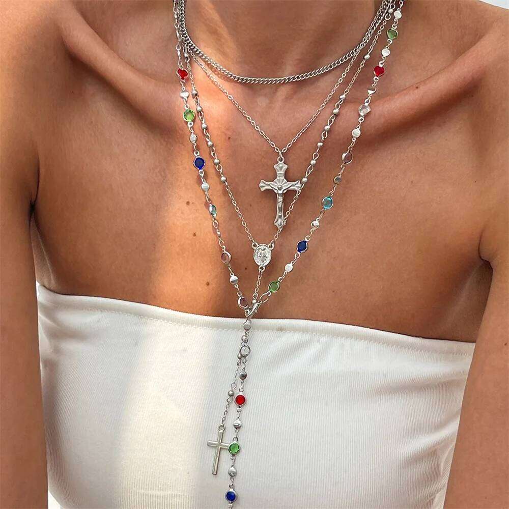 3Pcs Unique Cross Pendant Set for Women Simple Crystal Sweater Chain Long Y-shaped Necklace Y2K Party Jewelry H260112