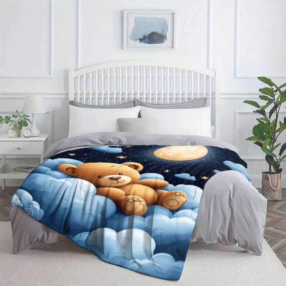 1pc Teddy Bear Moon Cloud Night Sky Flannel Blanket Cute Kids Bedding Soft Comforter Bedroom Decor Dreamy Sleep Gift XJ260112