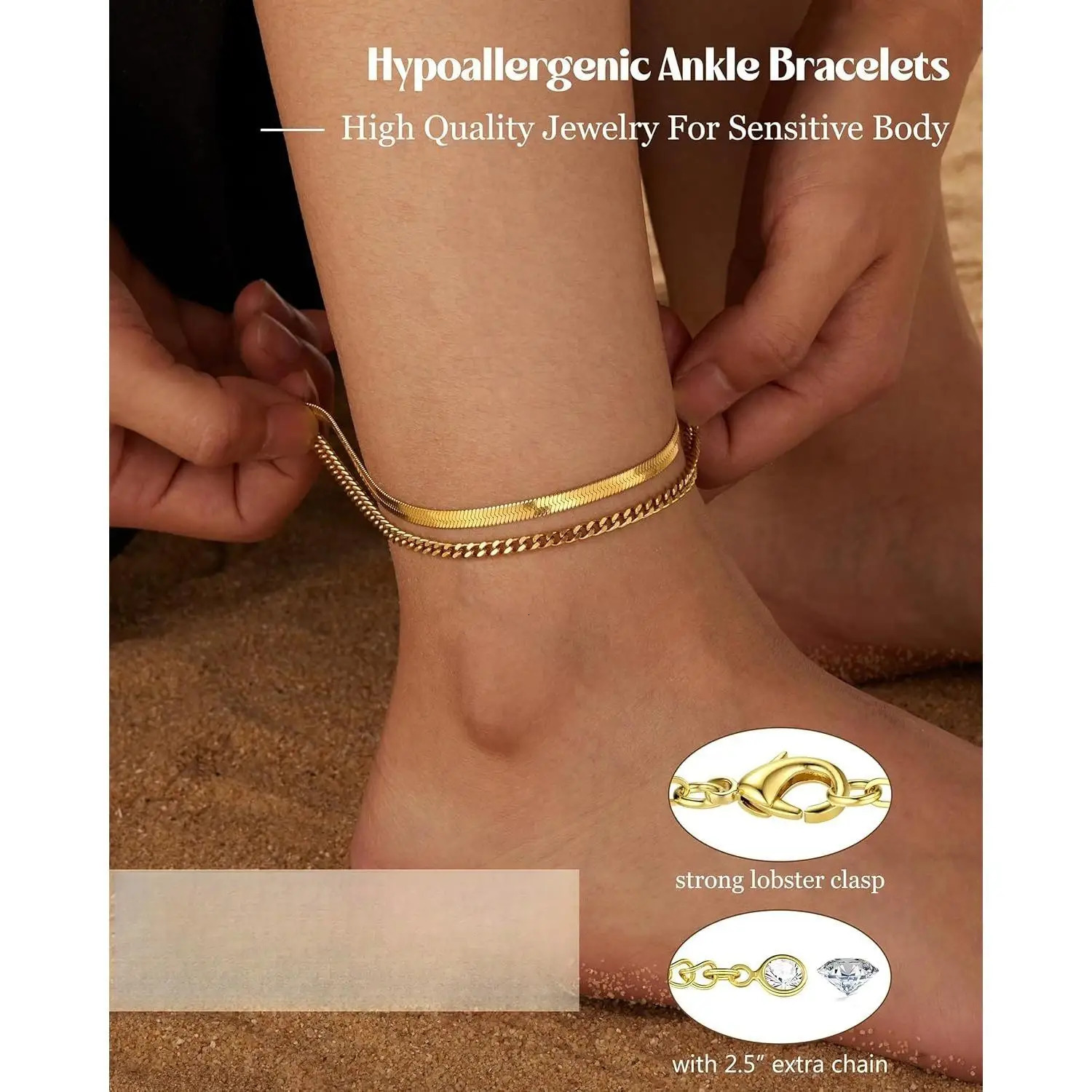 6PCS Ankle Bracelets for Women 14K Gold-plated Anklets Stainless Steel Cuban Link Chain Anklet Set Layered Beach Jewelry Gift 260107