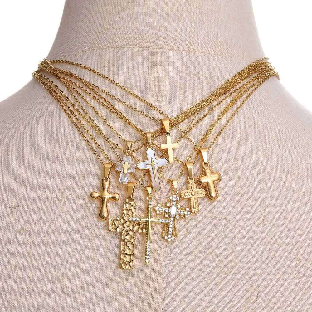 Vnox Christian Religion Necklaces For Women Men, Zircon Cross Pendant Charm Necklace, Classic Gold Plated Jewelry H260112