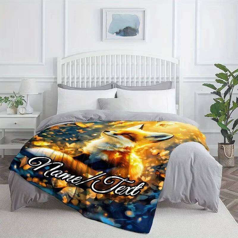 Winter New Custom Name Glam Flannel Throw Blanket with Fox & Butterfly Design Warm for Home Sofa Bed Travel Camping Office XJ260112