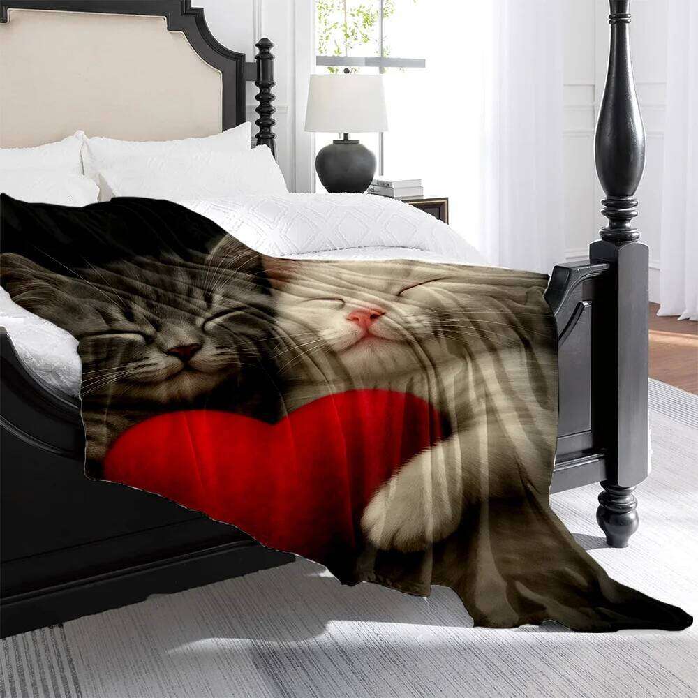 1pc Cozy White Kitten Plush Fleece Blanket - Grey Tabby & Cat with Heart Print, Soft Quilted-like Bedspread for Couch XJ260112