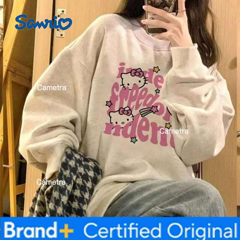 Sanrio Anime Hello Kitty Pullover Long Sleeve Sweatshirt Girls Kawaii Spring Autumn Winter Thicken Round Neck Tops Cotton Loose H260112