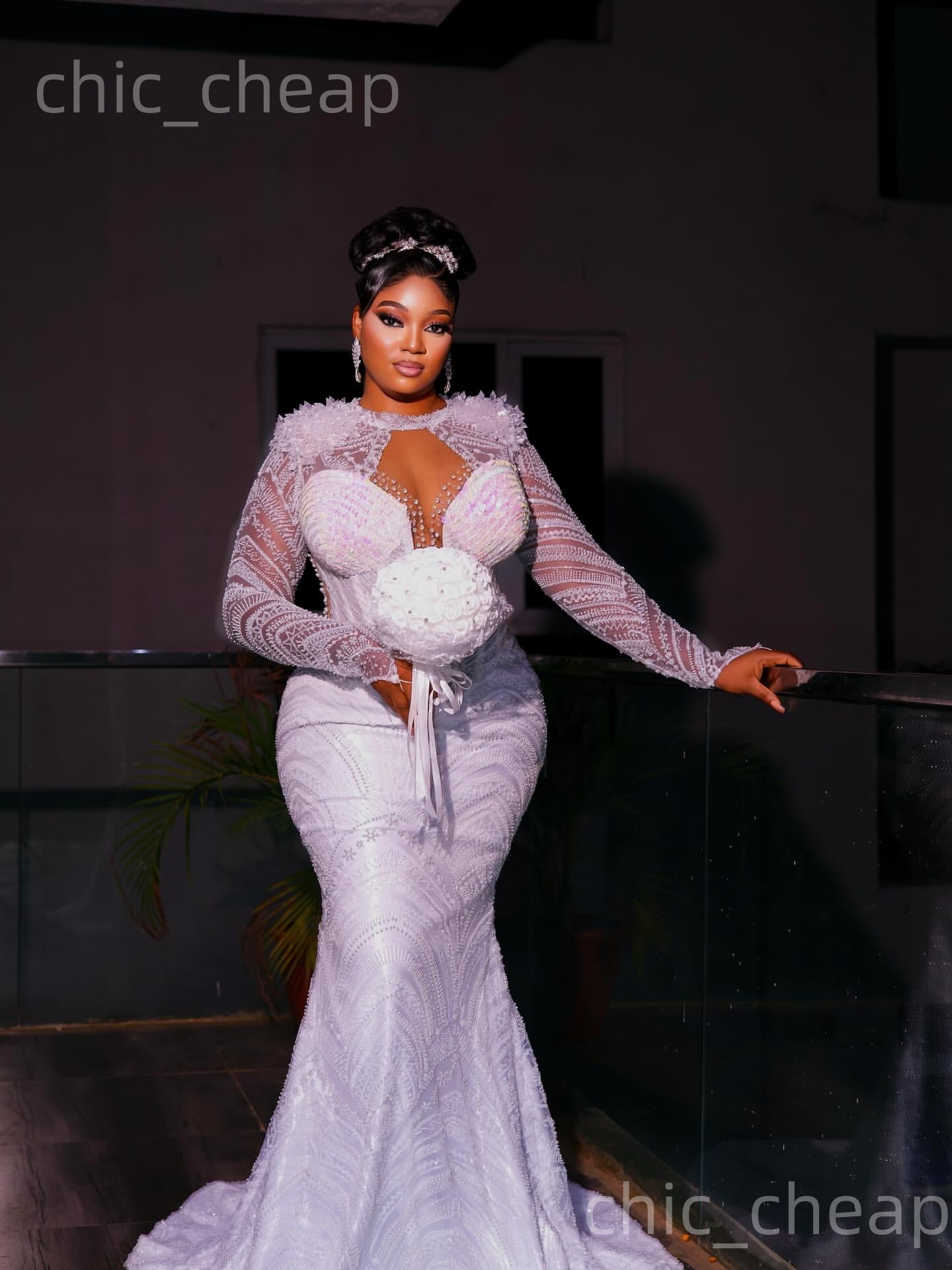 African Aso Ebi 2026 White Mermaid Wedding Dress Rhinestones Beaded Full Sleeves Sequined Sheer Neck Bridal Gowns Dresses ZJ2279