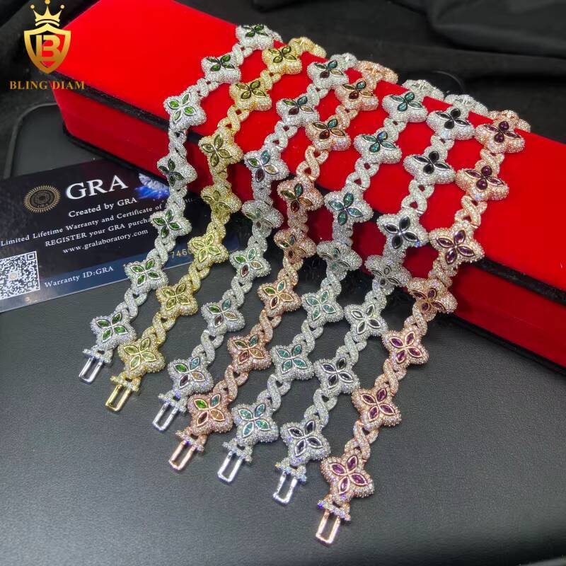 Hot Sale Four Leaf Clover Moissanite Bracelet Link Chain 925 Silver VVS Iced Out 15mm Moissanite Chain Men Past Diamond Test GRA