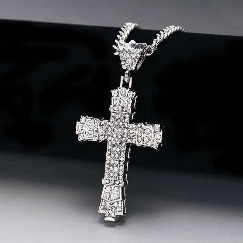 1 Simple Style Men Christian Cross Rhinestone Pendant Necklace Personality Fashion Street Domineering Chain Jewelry H260112
