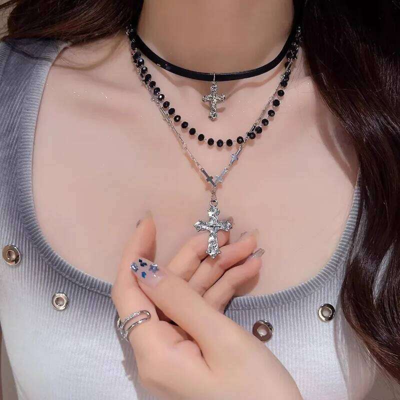 Gothic Punk Y2K Black Cross Pendant Necklace for Women Men 2025 Vintage Multi Layer Bead Necklaces 90s EMO Charm Jewelry Gifts H260112