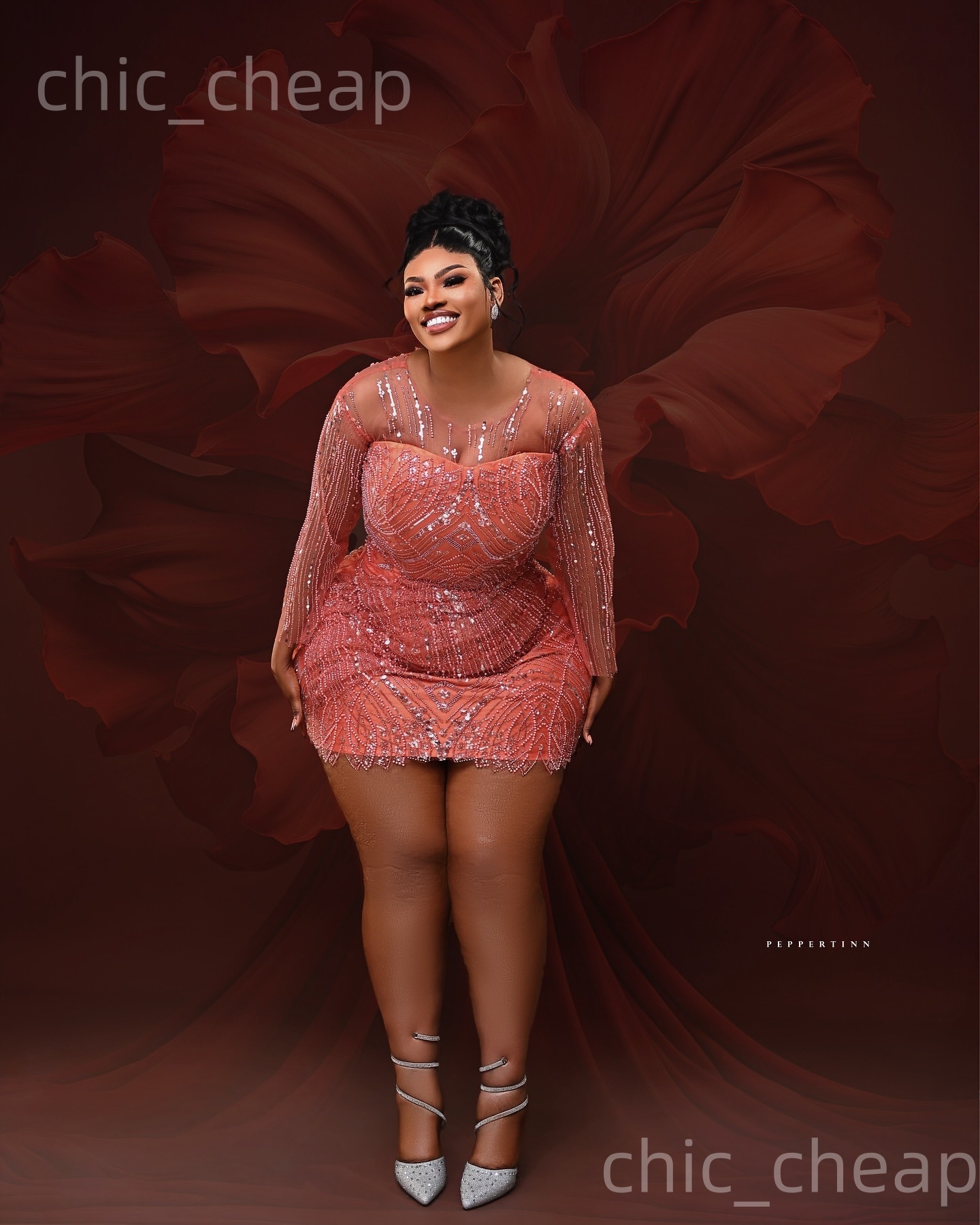 2026 Coral Sheath Cocktail Dress Sheer Neck Long Sleeves Sequined Short Mini Graduation Homecoming Dresses For Special Occasions Sweetheart Gowns ZJ05