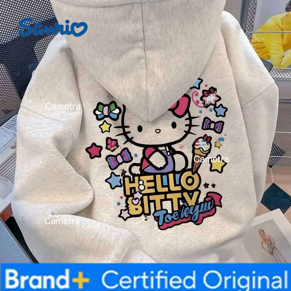 Sanrio MINISO American Retro Autumn/Winter Fun Hello Kitty Letter Printed Long Sleeve Fleece-Lined Loose Fit Hoodies for Men Women H260112