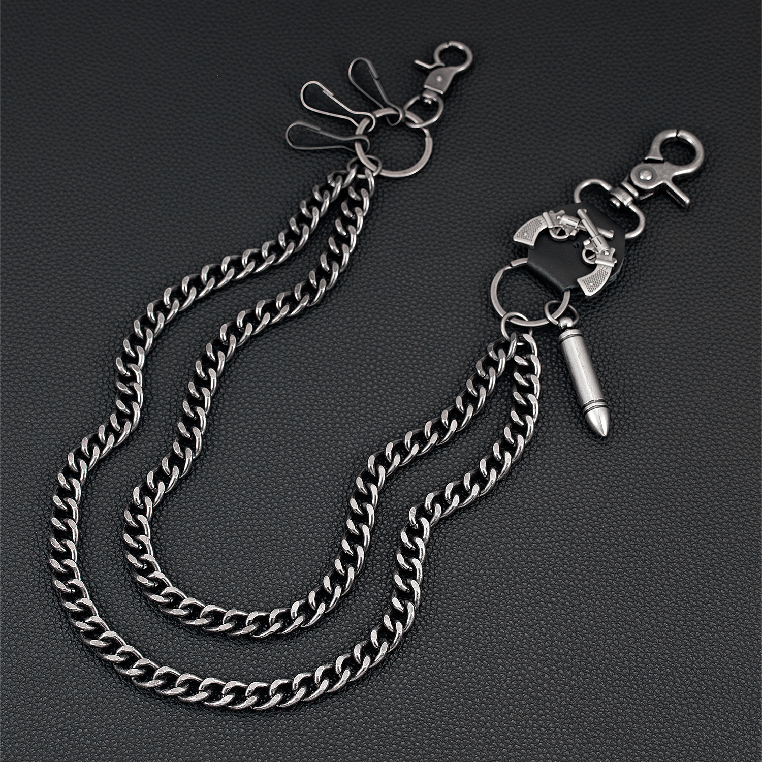 Fashionable Boutique Creative Double Gun Bullet Retro Style Double Layer Thick Pants Chain Metal Cowhide Double Chain Trendy Jeans Pendant