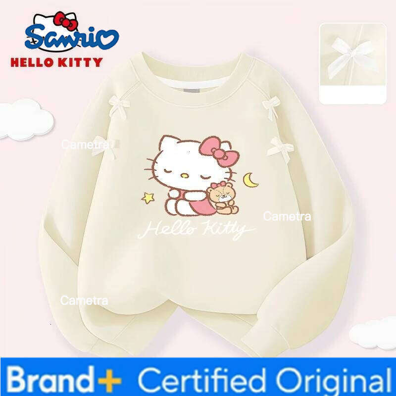 Sanrio Hello Kitty Prints Kids Bow Decoration Pullover Hoodies Girl Round-neck Long-sleeved T-shirt Spring Autumn Breathable Sweatshirt H260112