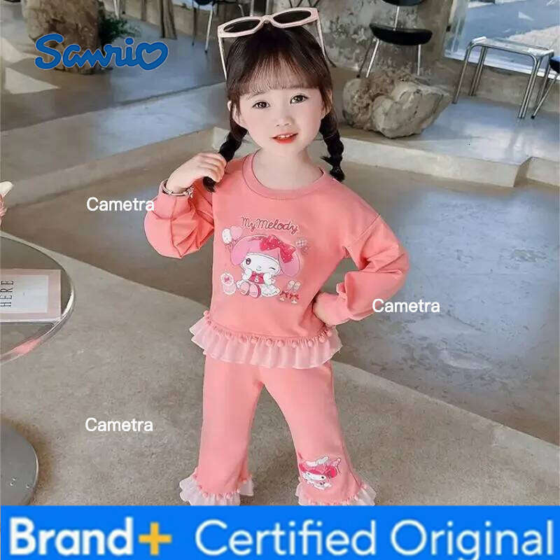 Sanrio Girls Kawaii Lace Long Sleeve Suit Kuromi Cartoon Spring Autumn Anime New Casual Sweatshirt Trousers Comfortable Soft H260112