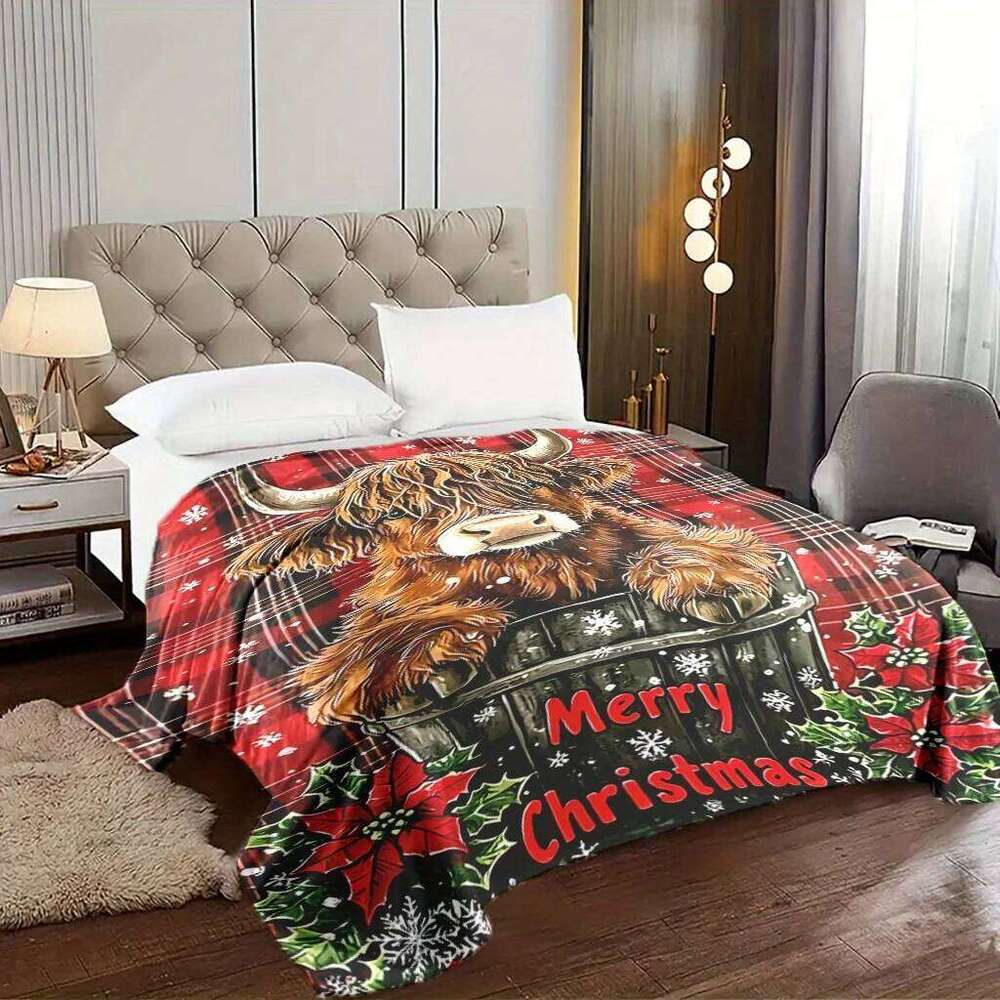 1 Pec Soft Warm Christmas Highland Cow And Snowflake Flannel Blanket Cozy Festive Gift For Family Travel Office Decoration XJ260112