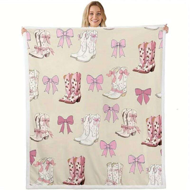 Pink bowknot design pattern Flannel printed blanket all seasons suitable for living room office sofa and travel XJ260112