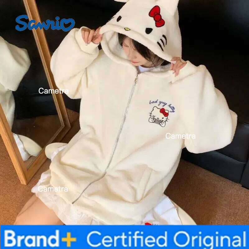 Sanrio Anime Hello Kitty Cute Jacket Cartoon Kawaii Y2K Women Tops Fashion Sweetheart Girl Sweatshirts Fleece Warm Hooded Zip-Up H260112