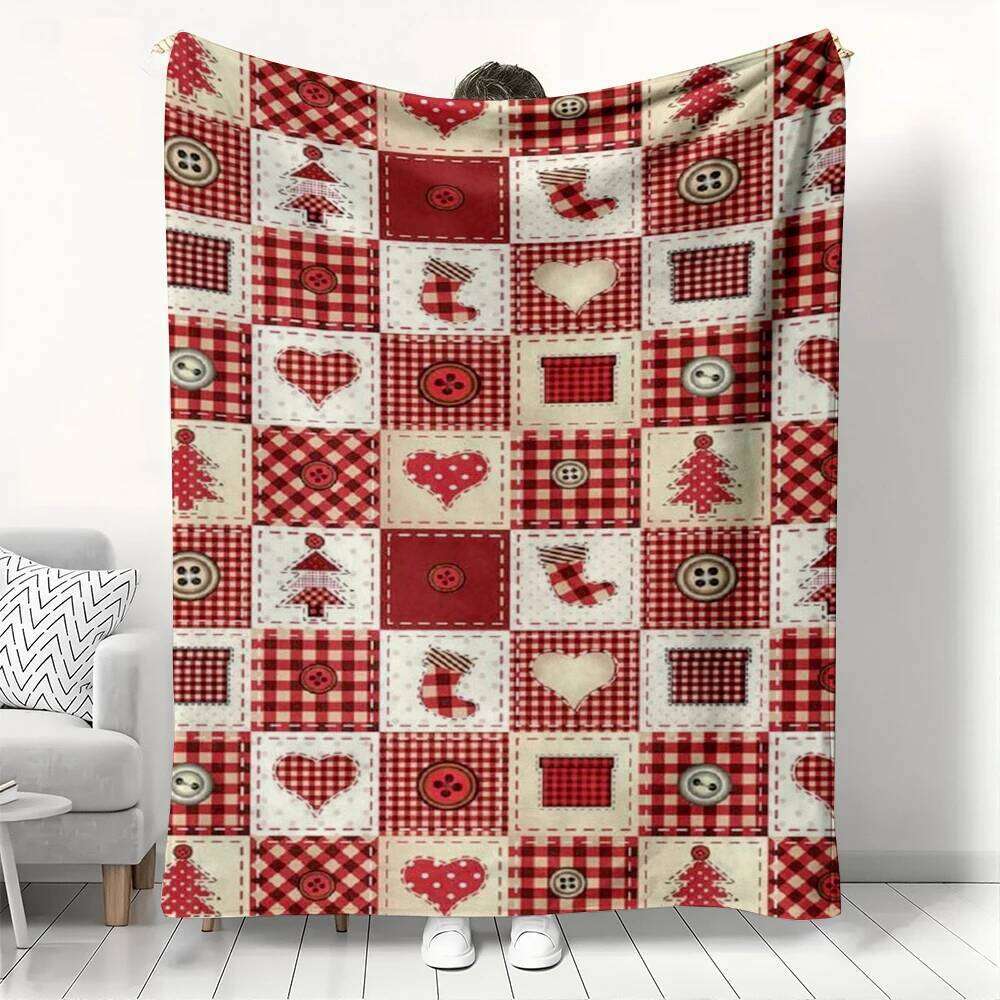 Christmas Patchwork Style Fleece Red Plaid with Santa Sock & Tree Pattern Cozy Throw Blanket Couch Bed Gift for Home XJ260112